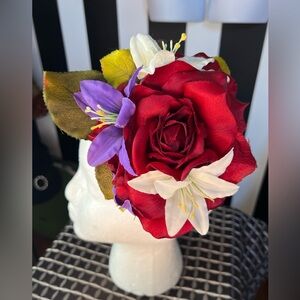 Gorgeous Pinup Floral Headpiece Clip with Red, Purple & White Flowers